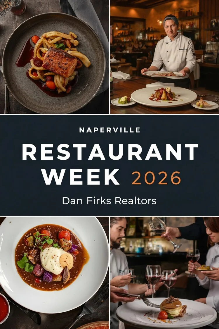 promotional graphic for naperville restaurant week 2026 featuring plated dishes and chefs, highlighting local dining culture for dan firks real estate