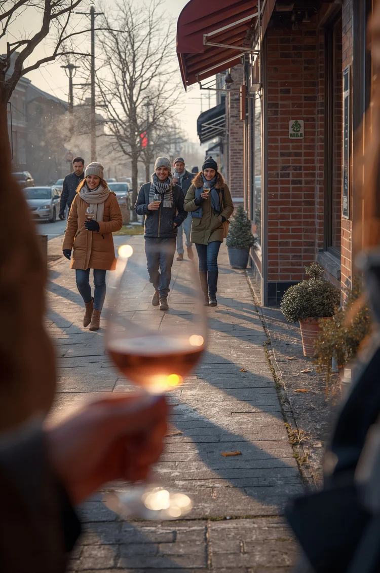 group of adults walking a winter streetscape in naperville il during a charitable wine tasting event, highlighting community lifestyle for dan firks real estate