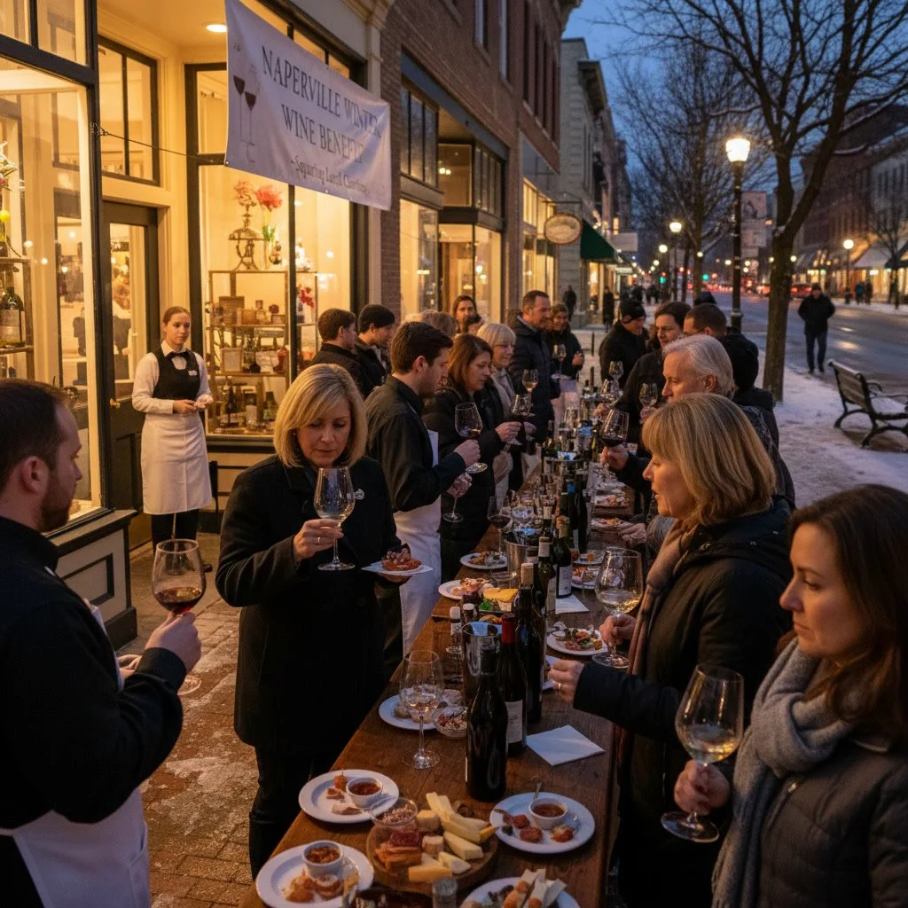 evening food and wine tasting event in downtown naperville during the souper bowl stroll, highlighting community lifestyle for dan firks real estate