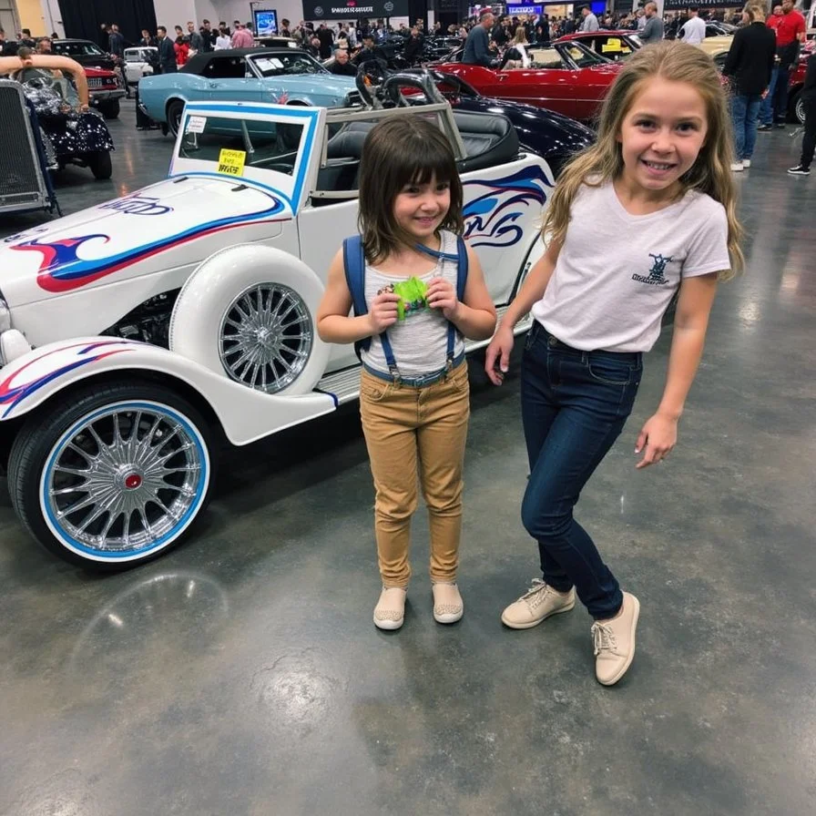 children enjoying a family-friendly indoor car show with a custom vintage vehicle, highlighting naperville community events for dan firks real estate