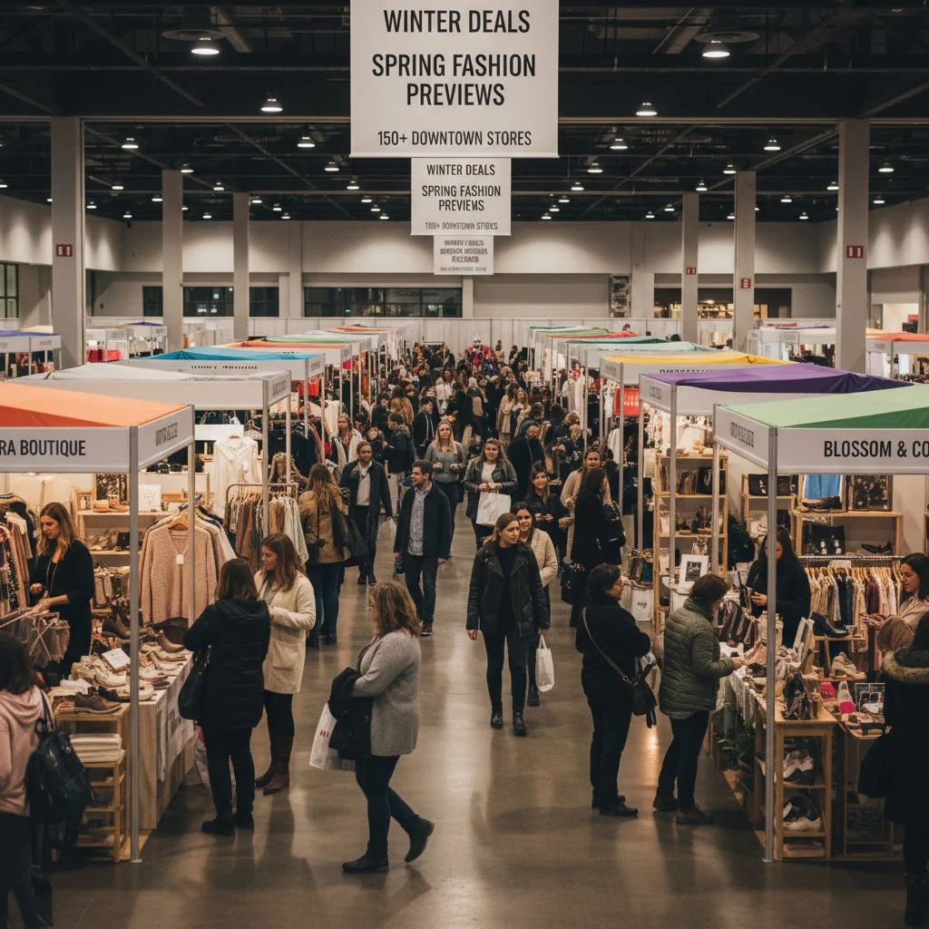 crowds shopping at a downtown naperville indoor market with boutique vendors and seasonal retail deals, showcasing community life for dan firks real estate