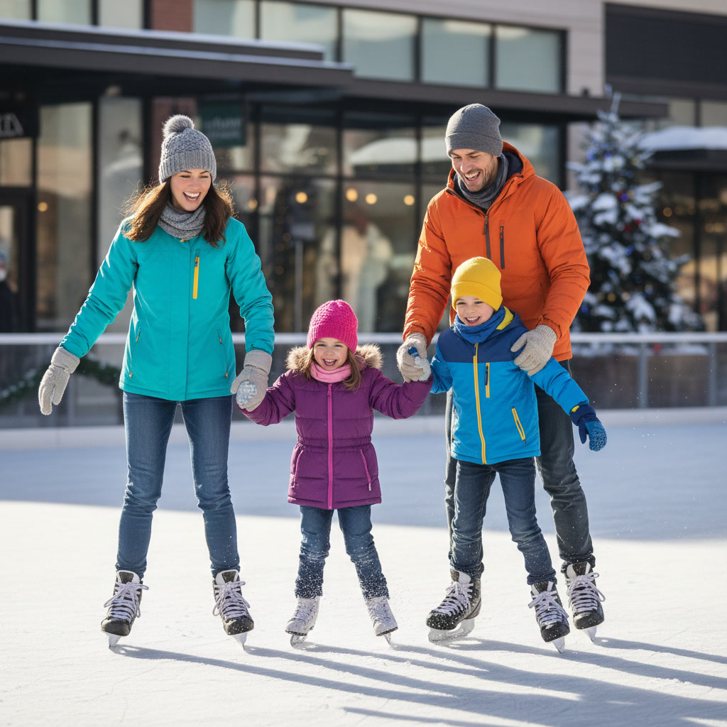 Family enjoying ice skating at Block 59's outdoor winter rink in Naperville