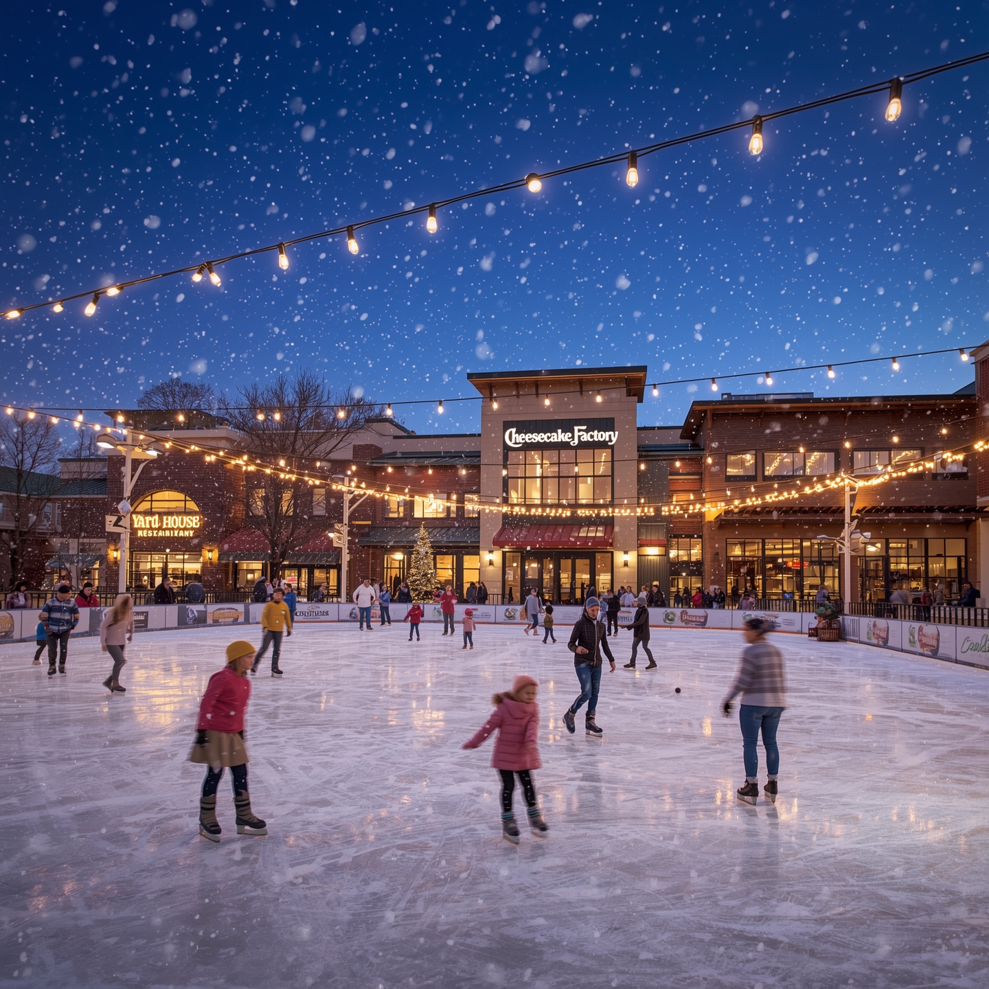The Rink at Block 59 in Naperville with skaters enjoying the outdoor ice rink surrounded by restaurants