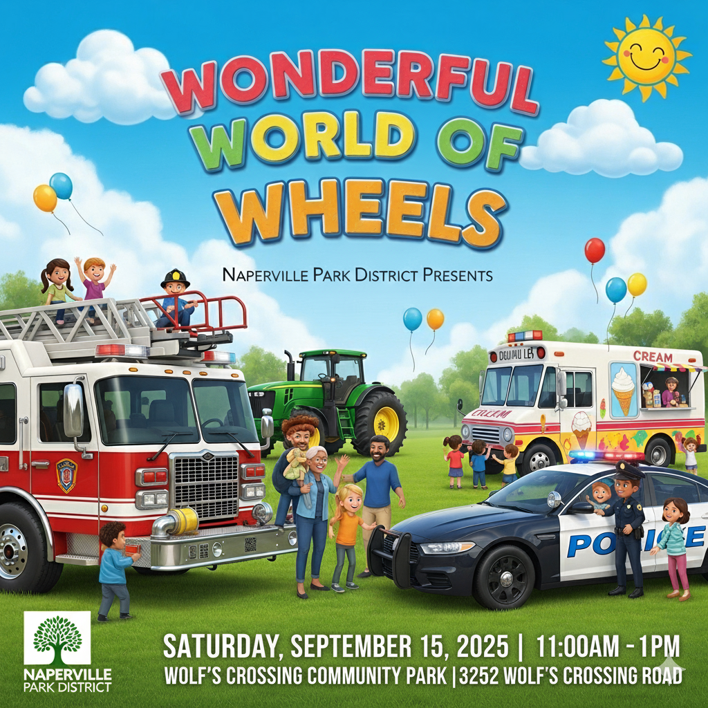 illustrated poster for naperville’s wonderful world of wheels 2025 at wolf’s crossing park featuring fire trucks police cars tractors and families