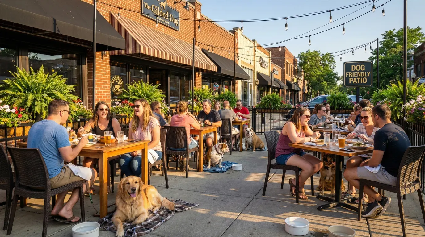 Dog resting beside an outdoor patio table at a Naperville restaurant
