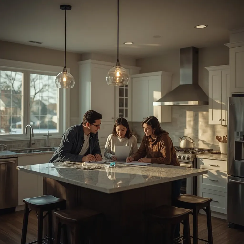 Family reviewing monthly bills at a kitchen island inside a Naperville suburban home