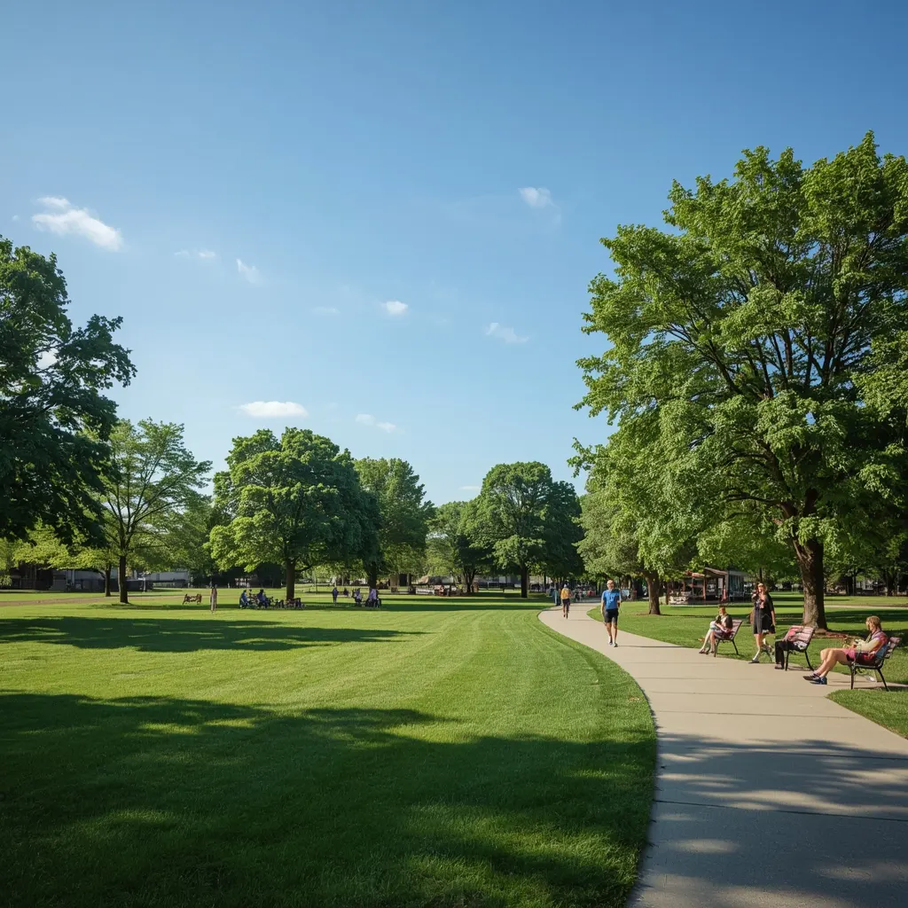 Families picnicking and people walking along paved trails in a Naperville park