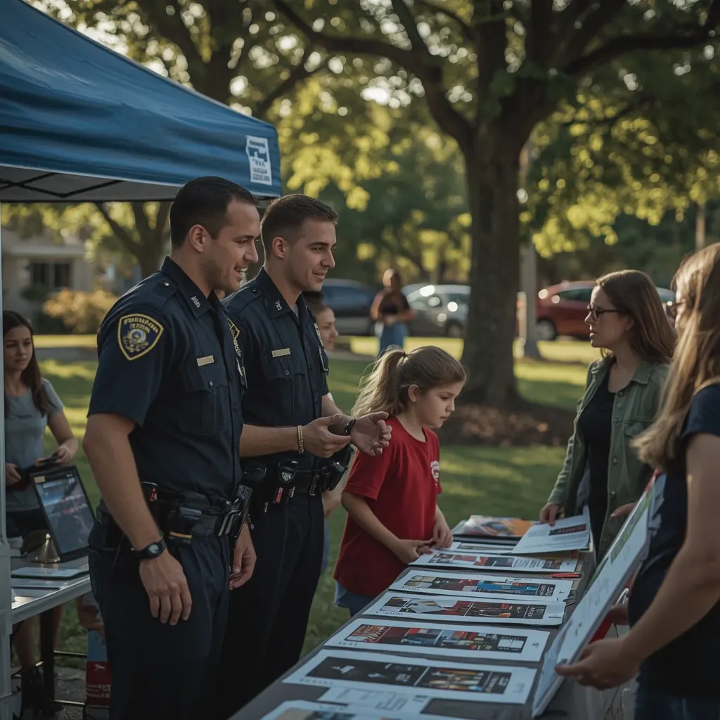 Naperville police officers speaking with residents and families at a community event in a suburban park