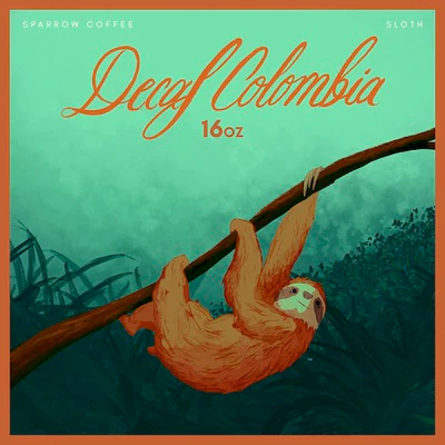 Illustrated artwork for Decaf Colombia by Sparrow Coffee featuring a sloth hanging from a tree branch