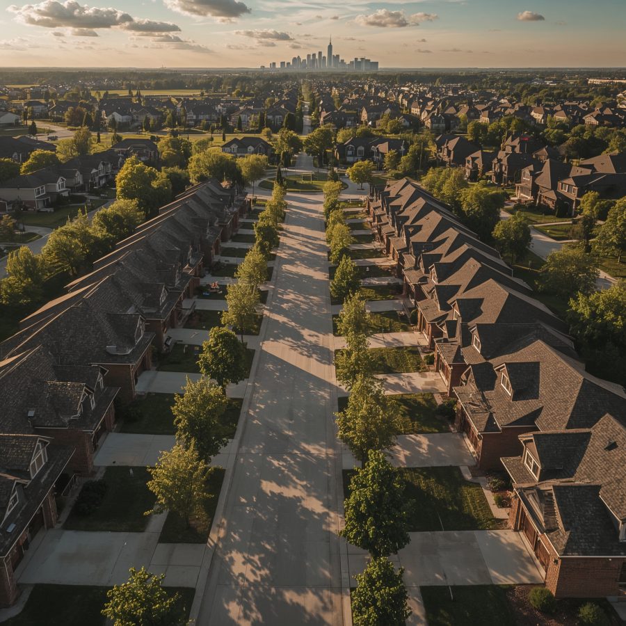Tree-lined street in Ashbury Naperville showing colonial-style homes with community pool and sidewalks for families in 2025