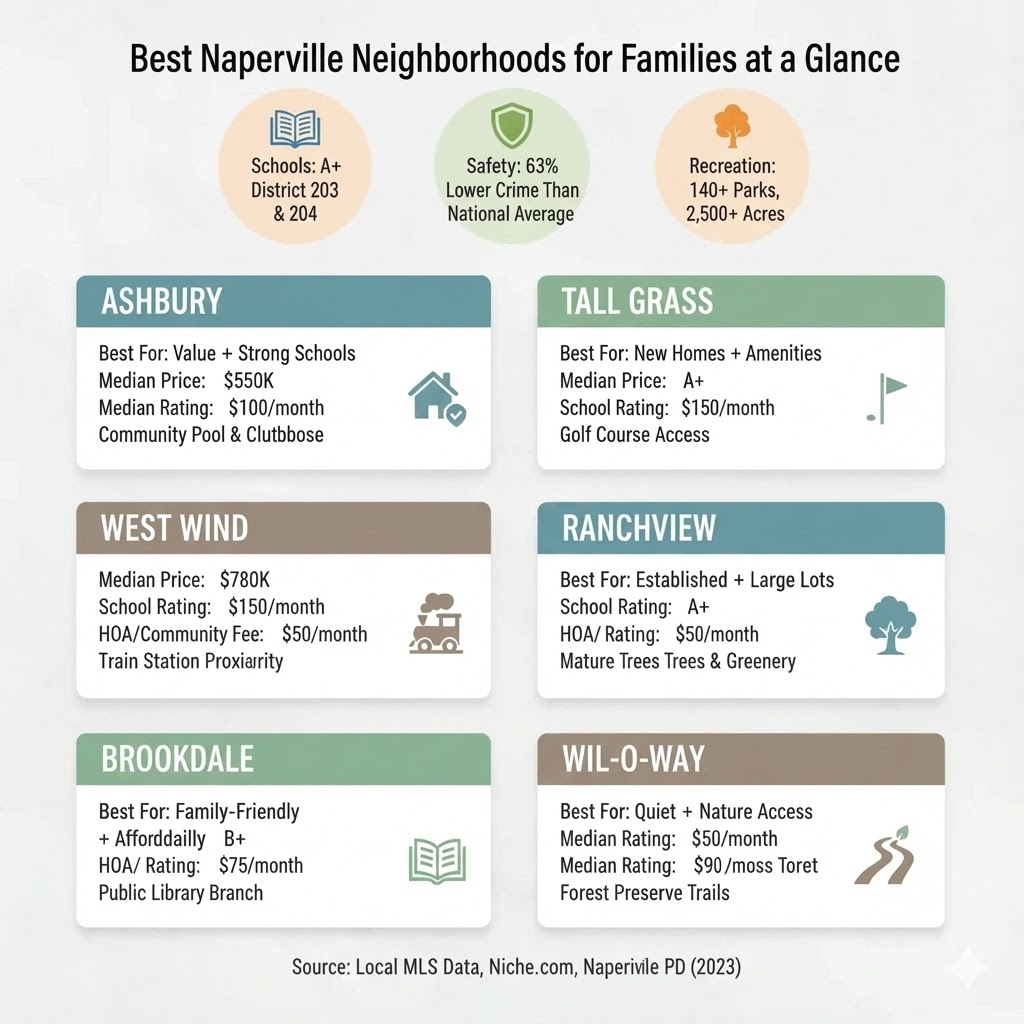Infographic showing six best Naperville neighborhoods for families with school ratings, median prices, HOA fees, and key amenities in 2025