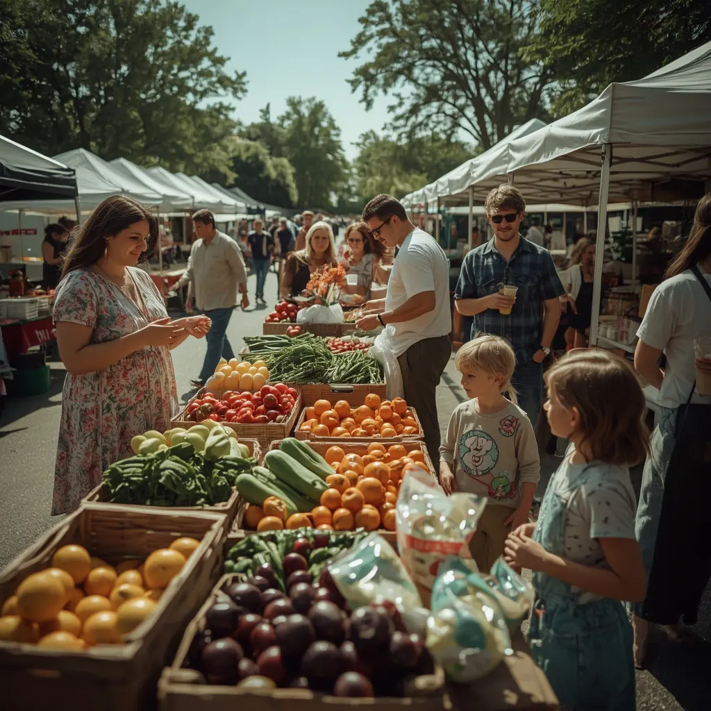 Residents talking with vendors and neighbors at a farmers market in Naperville