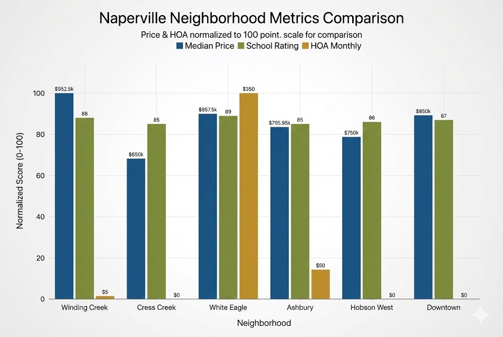 Bar chart comparing median home prices and HOA fees across six Naperville family neighborhoods in 2025