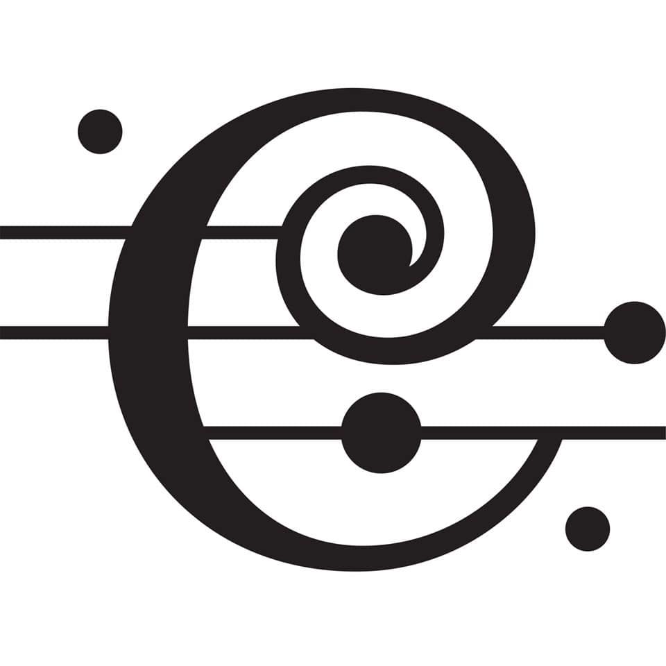 Abstract black spiral logo with horizontal lines and circular dots on a white background.