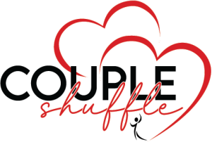 Couple Shuffle logo with two red outlined hearts above the word “shuffle” in red script on a black background.