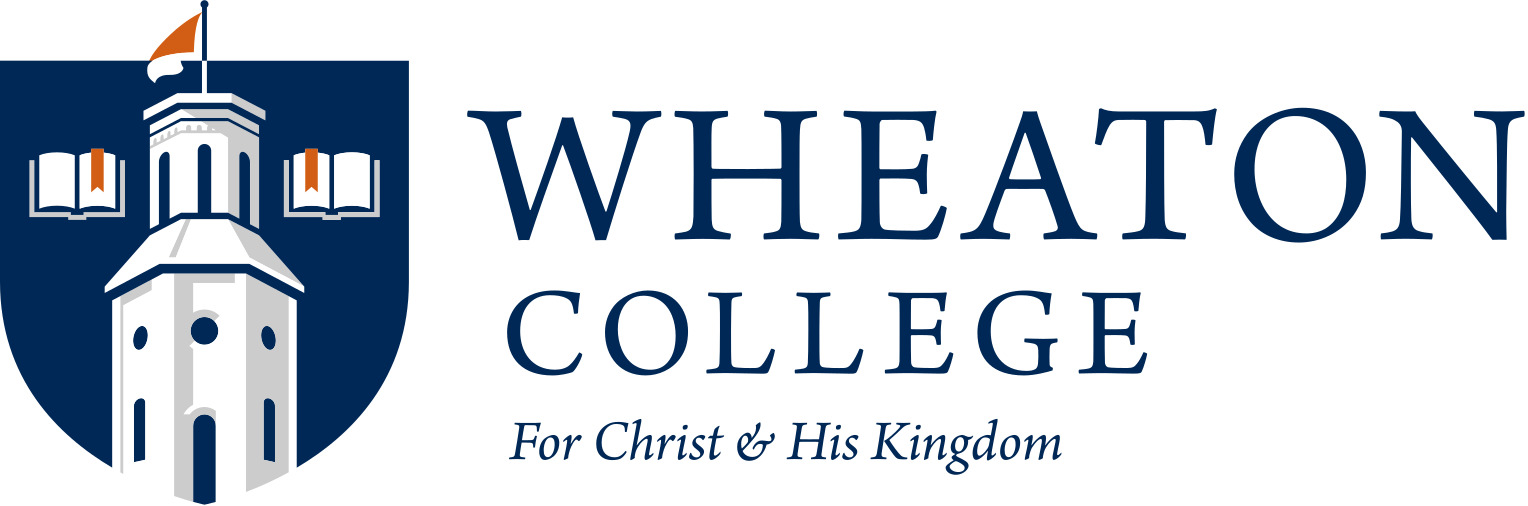 Wheaton College logo with a blue shield showing a campus building and open books, beside the text “WHEATON COLLEGE” and the tagline “For Christ & His Kingdom.”