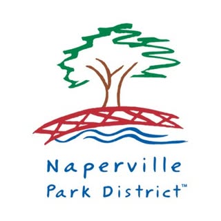 Naperville Park District logo with a green tree over a red bridge and blue water lines, above the text “Naperville Park District.”