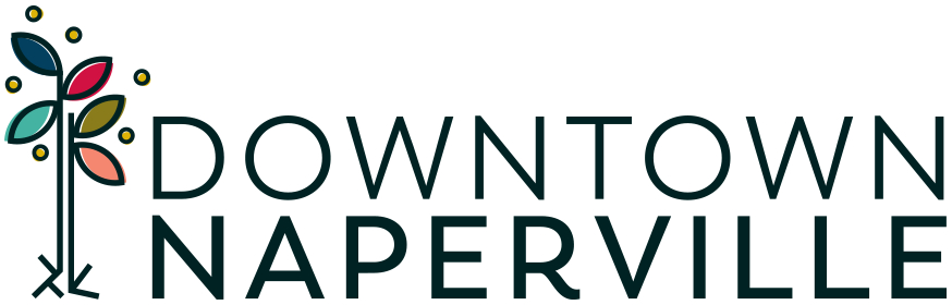 Downtown Naperville logo with a stylized flower icon and the words “DOWNTOWN NAPERVILLE” in dark green lettering.